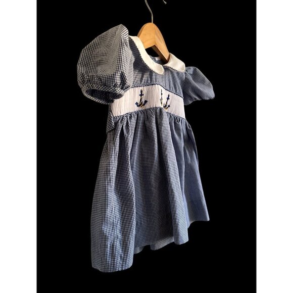 Vintage Smocked Toddler Dress With Anchor Embroidery & Peter Pan Collar - Picture 2 of 12